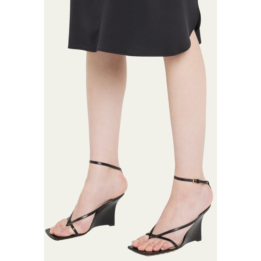 Bottega Veneta Leather Stretch Wedge Sandals Ankle Strap Square Toe 35.5/ US 5.5 - Picture 1 of 14